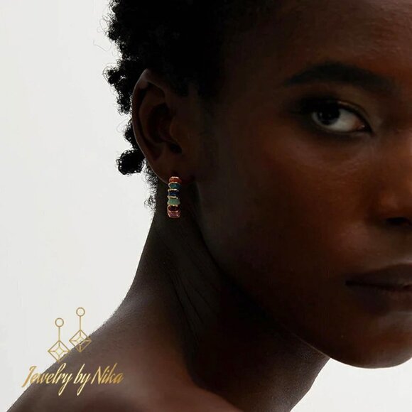 NEW 14K Yellow Gold Multicolor Enameluxe Boho Unique Hoop Luxury Stud Earrings - Picture 11 of 15